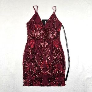 Pretty Little Things Burgundy Strappy Sheer Panel Sequin Bodycon Dress NWTSize 4